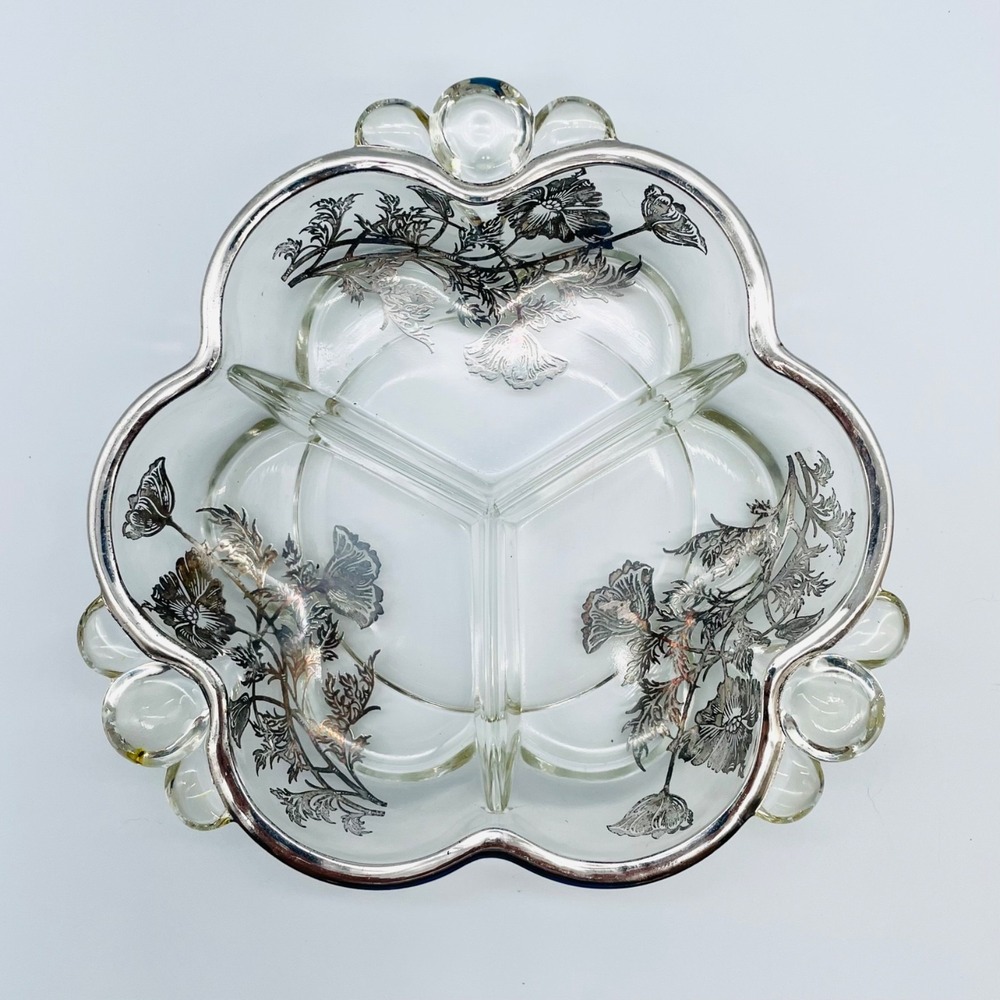 Duncan Miller Canterbury Silver Overlay Glass Divided 3 Part Dish 7.75"